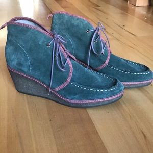 Olivia Wali Suede Lace Up Wedge Olive Green